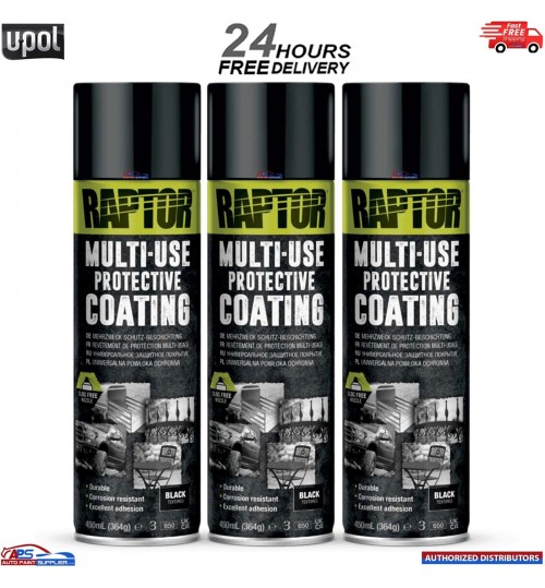 3 x UPOL RAPTOR 1K MULTI-USE RMUB/AL PROTECTIVE COATING AEROSOL 450ML - BLACK